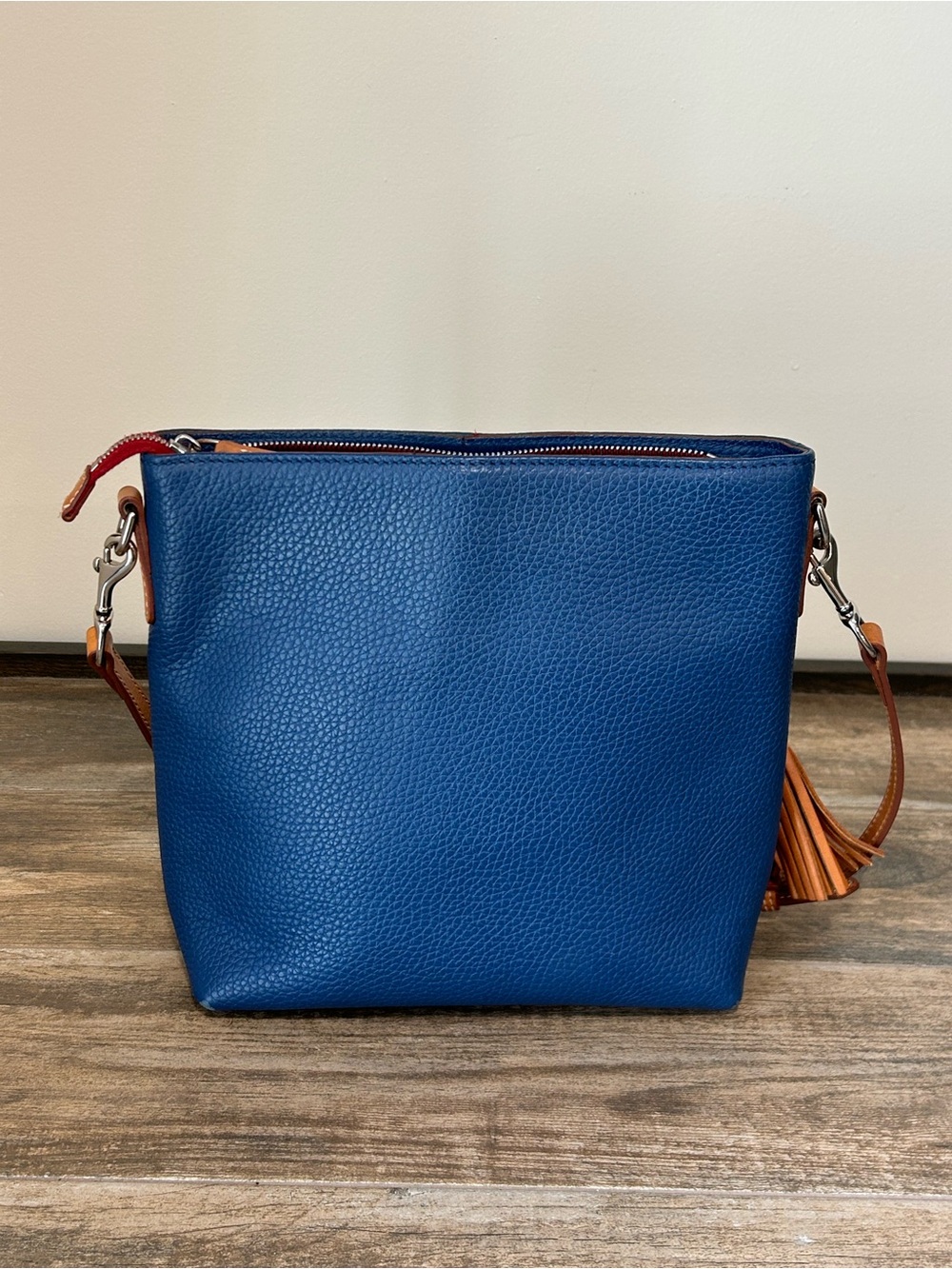Dooney & Bourke Blue Pebble Leather Crossbody with Tan Trim and Tassel Pockets - Picture 6 of 14